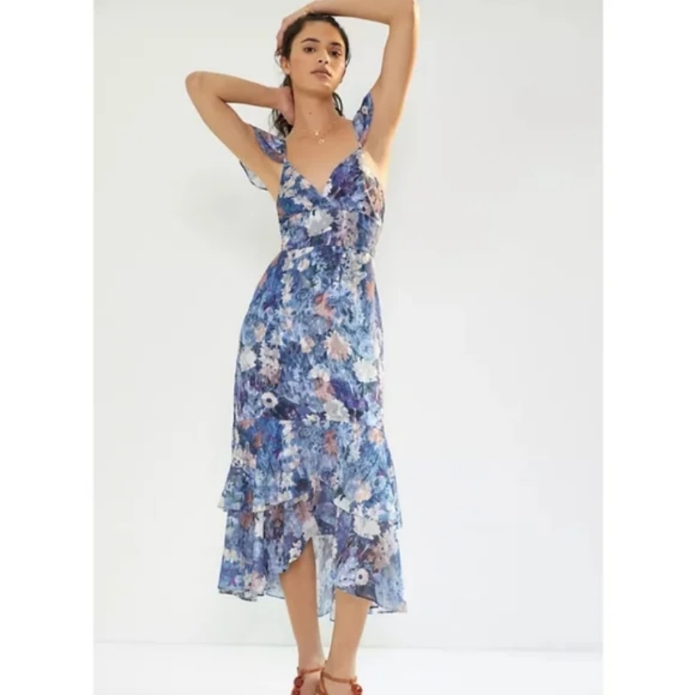 Anthropologie Hutch Blue Multi Floral Iridescent Midi Tiered Dress Size12